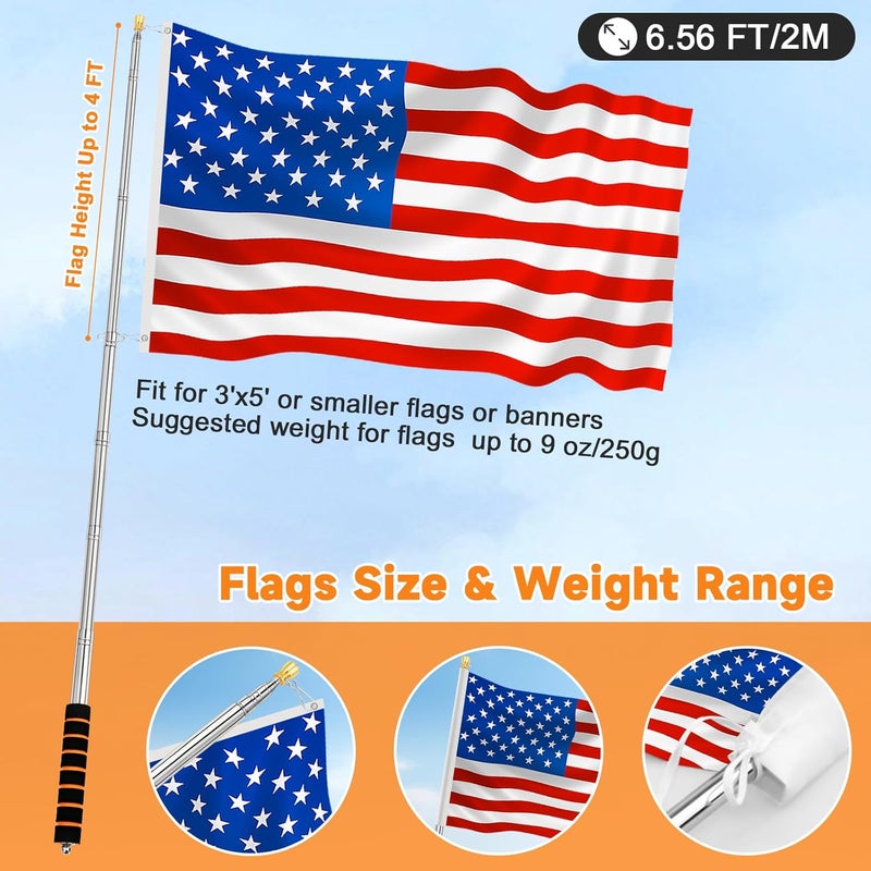 CATMOOW Portable Telescopic Handheld Flag Pole for Carrying, 6.56Ft/2M Stainless Steel Telescoping Hand Held Flag Pole to Carry, Extendable Tour Guide Flag Pole, Flagpoles with Clips for 3x5 Flag - Image 3